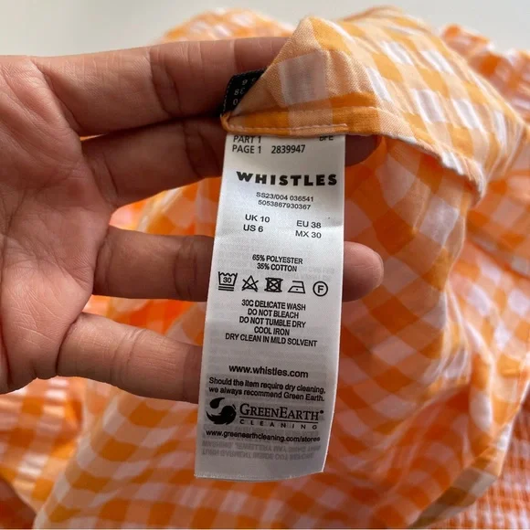 NEW Whistles Gingham Orange Check Shirred Midi Dress Size 6 Smocked - Picture 8 of 10